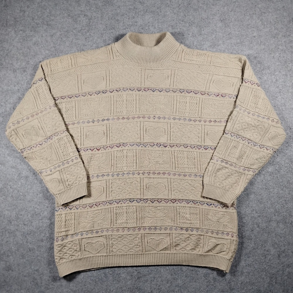 Basic Editions Vintage Mock Neck Geometric Knit Sweater Unisex L Beige Grandpa